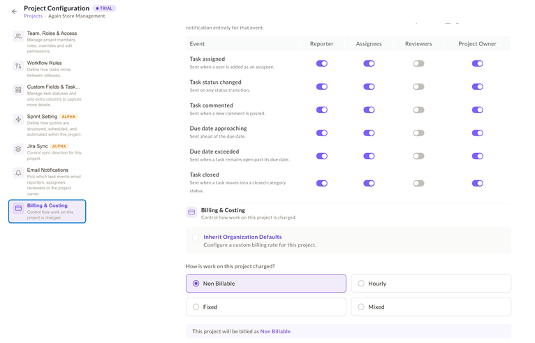 Configuring a project's billing model