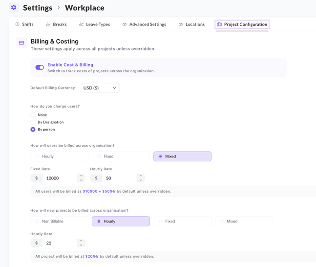 Setting project and member rates